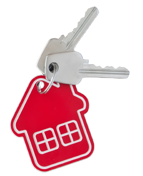 A red house shaped key chain hanging from the side of a door.