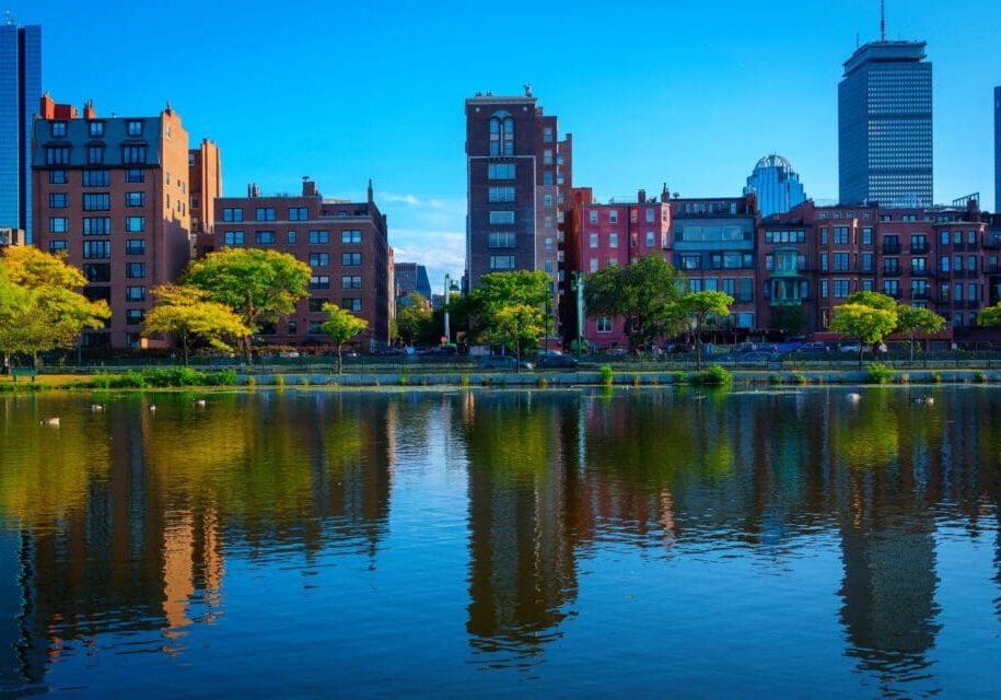 A city with buildings and trees in the background