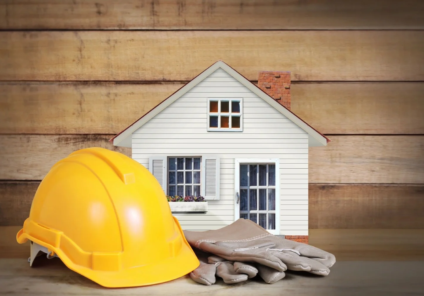 A yellow hard hat sitting in front of a white house.